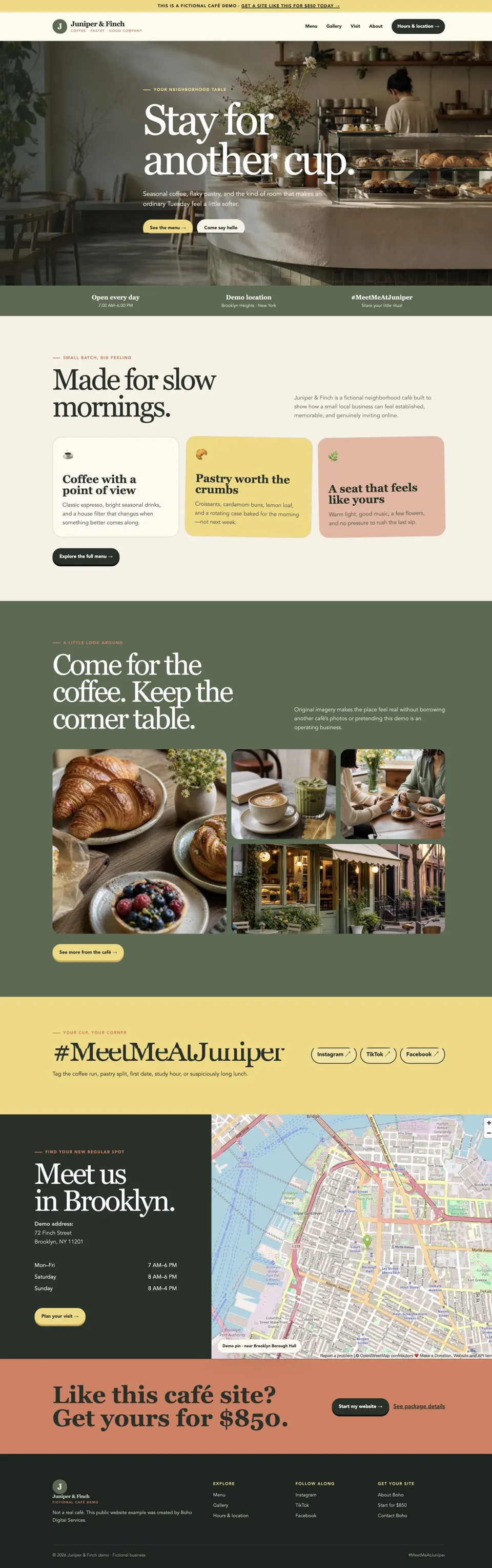 Full homepage of the Boho local cafe demo website.