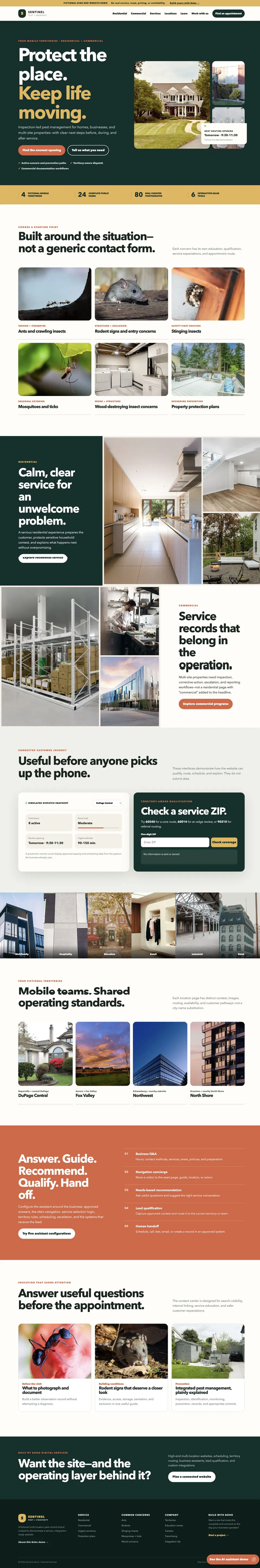Full homepage of the Boho pest control demo website.