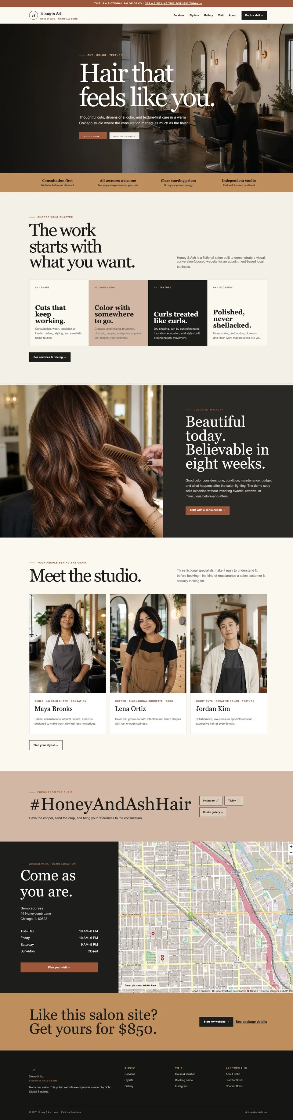 Full homepage of the Boho salon demo website.