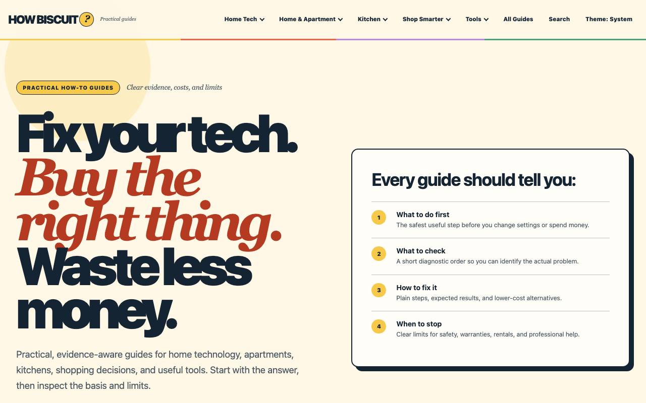 How Biscuit homepage showing category navigation, a practical guide hero, and supporting article sections.